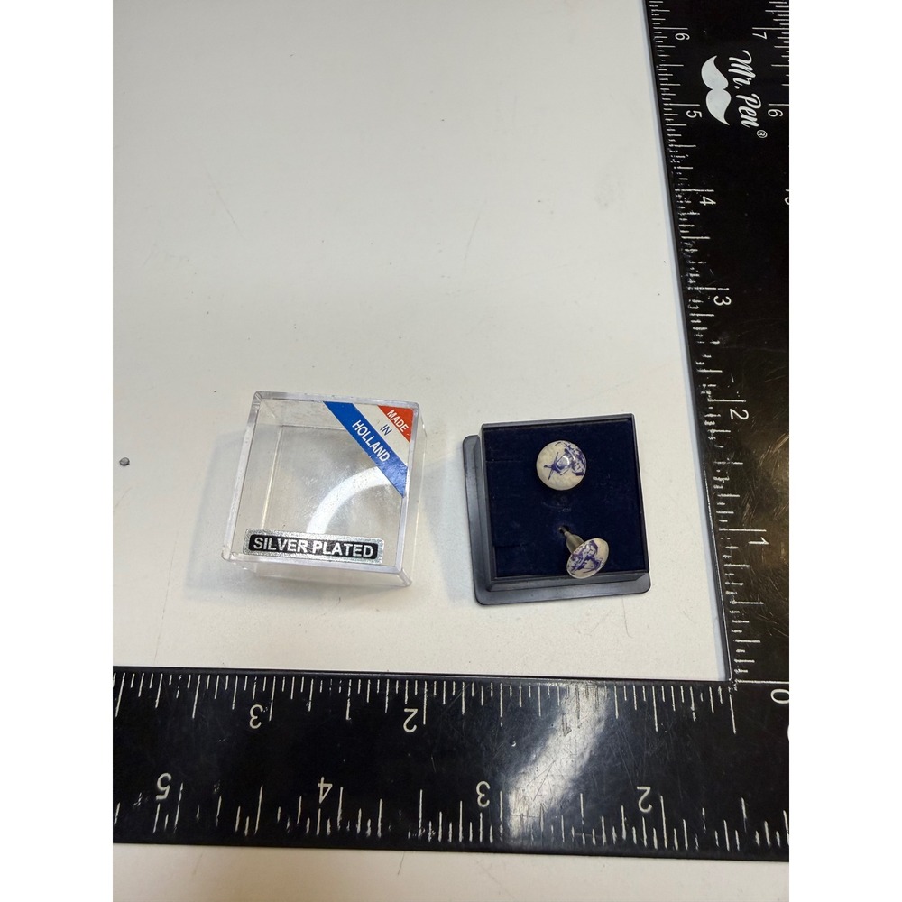 Delft Blue Windmill Stud Earrings Silver Plated Made in Holland Blue White Round